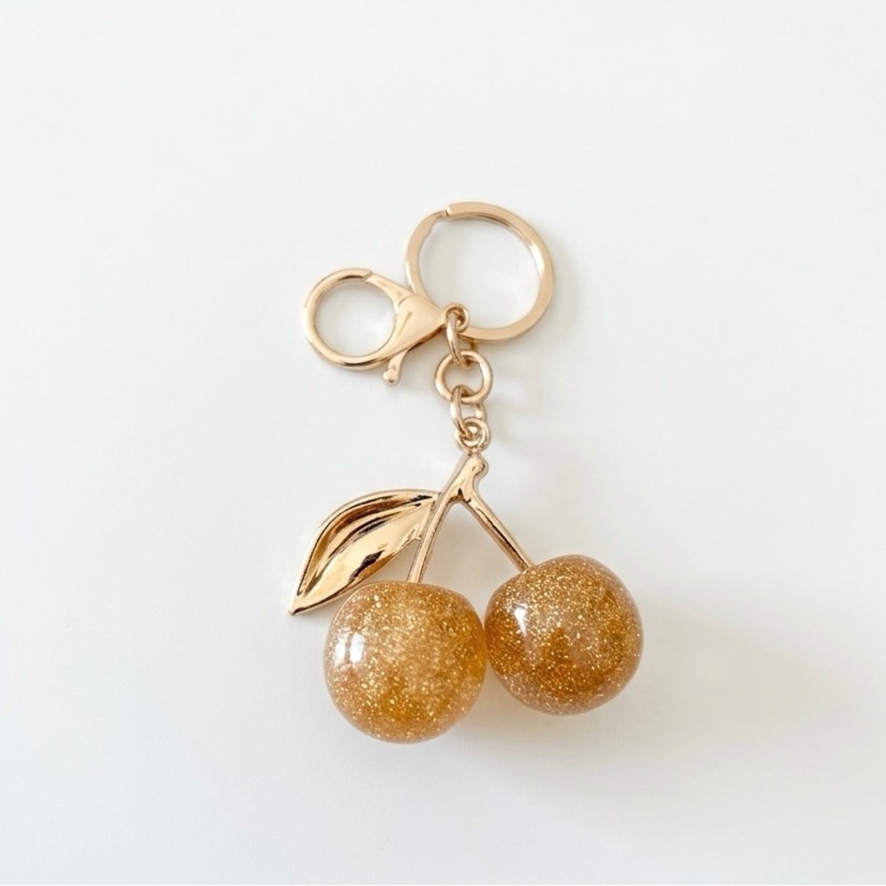 Gold Cherry Keychain - Sparkle Fruit Charm New